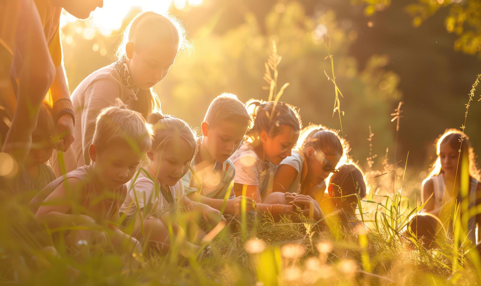 Children playing in the grass at sunset photo