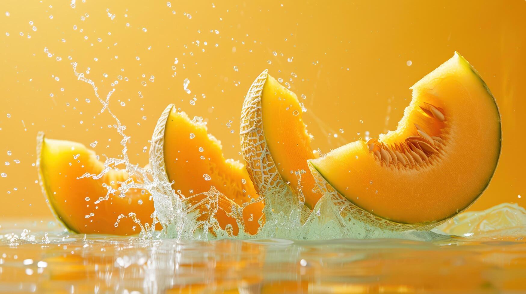 Levitating and splashing cantaloupe pieces separated photo