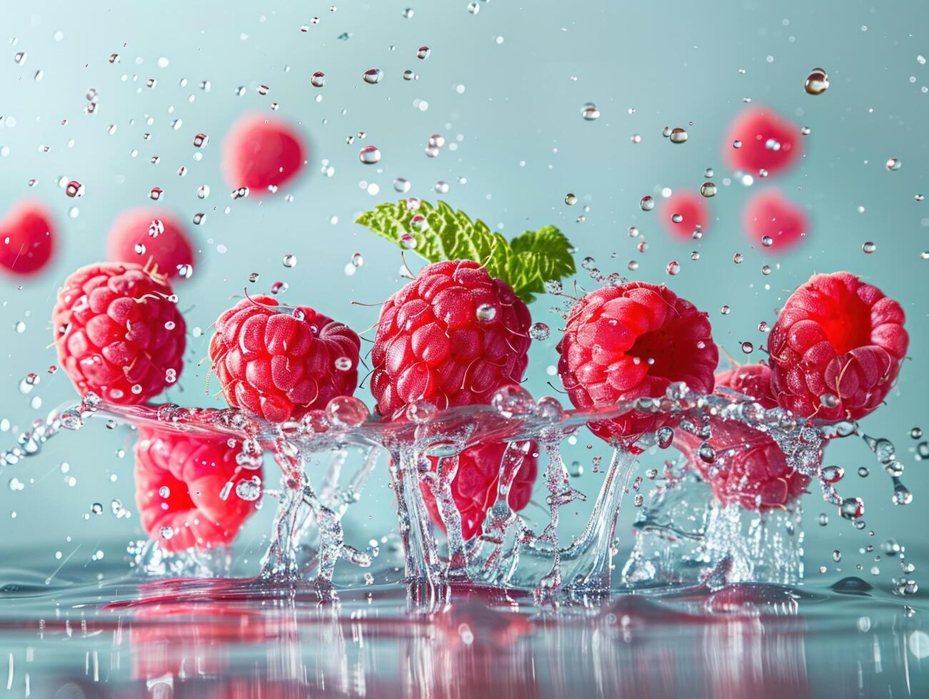 Levitating and splashing raspberry clusters separated photo