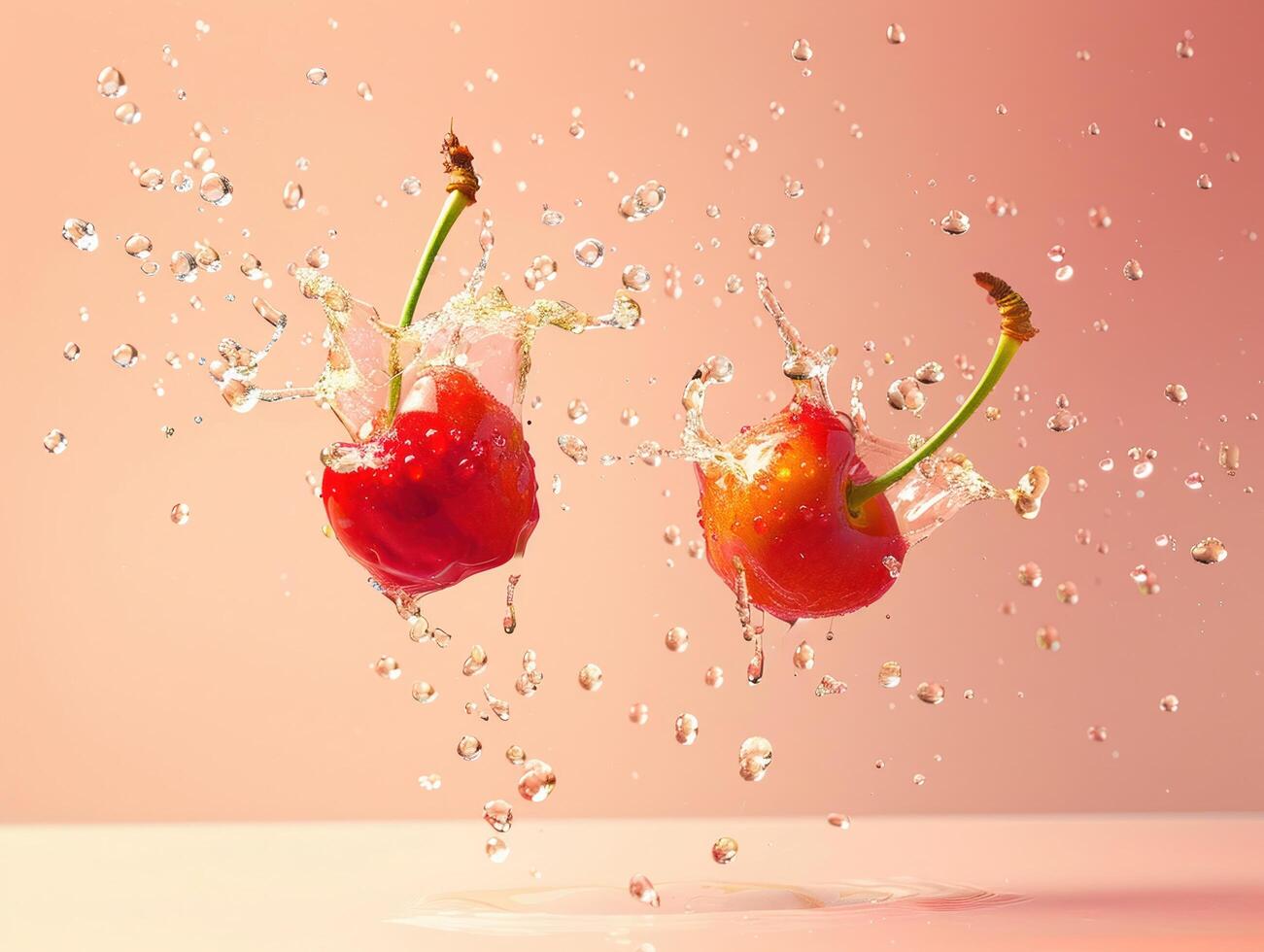 Levitating and splashing cherry halves separated photo