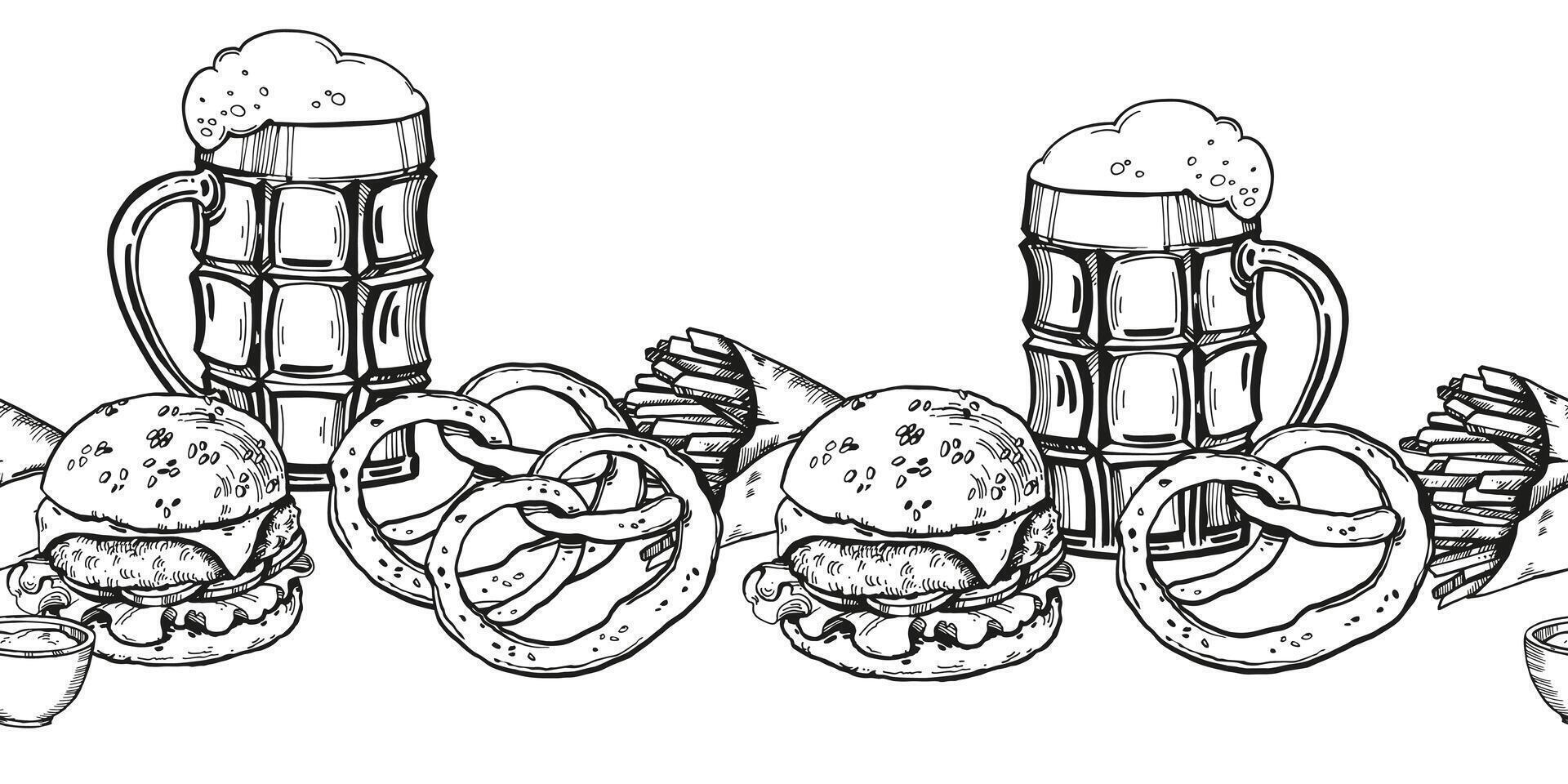 illustration of beer snacks, hand drawn board glasses with beer and foam, hamburger, potato slices, pretzel, French fries, inked sketch for beer restaurant, pub, monochrome template border vector