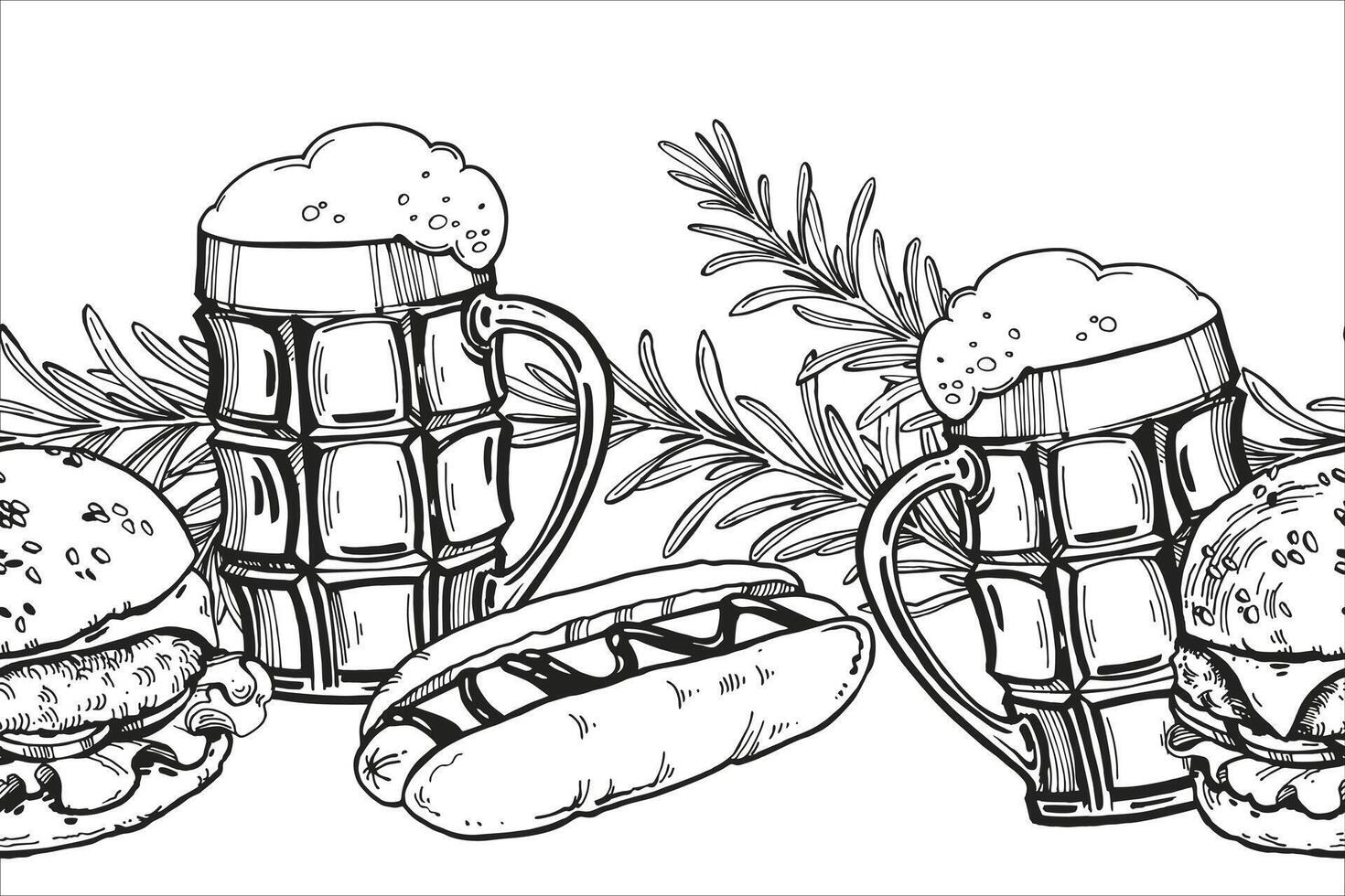 illustration of beer theme, hand drawn board with glasses with beer and foam, hot dog sausage, rosemary sprigs, inked sketch for beer restaurant, pub, monochrome black and white vector