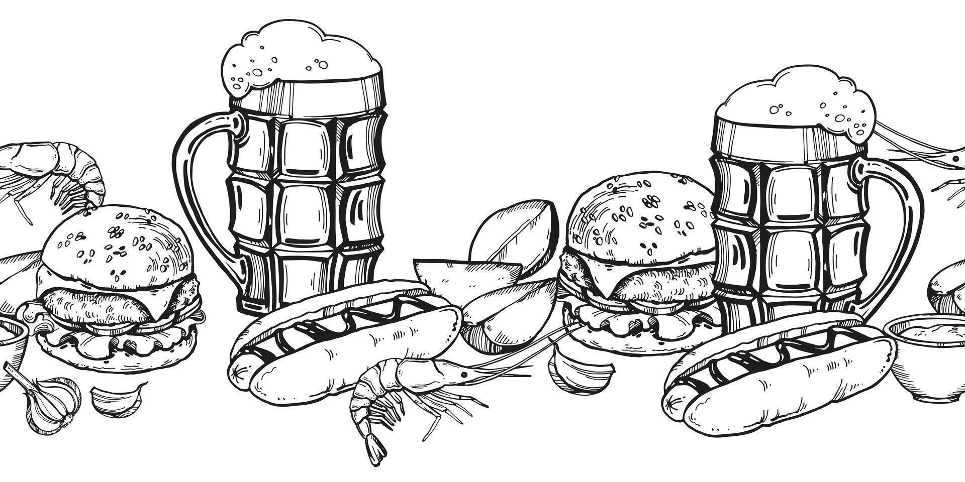 illustration of beer snacks, hand drawn board glasses with beer and foam, hamburger, potato slices, shrimp, hot dog sausage, inked sketch for beer restaurant, pub, monochrome template border vector