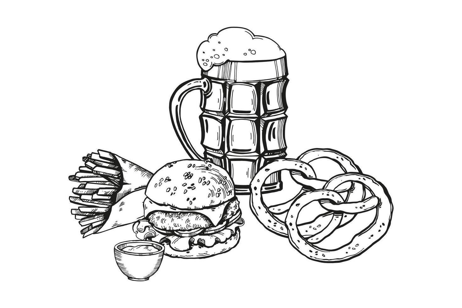 illustration of beer snacks, hand drawn composition with glasses with beer and foam, hamburger, pretzels, French fries, sauce, inked sketch for beer restaurant, pub, monochrome template vector