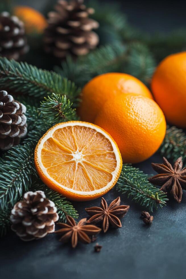 Refreshing beverage with dried oranges and spices on a green tabletop with festive decorations photo