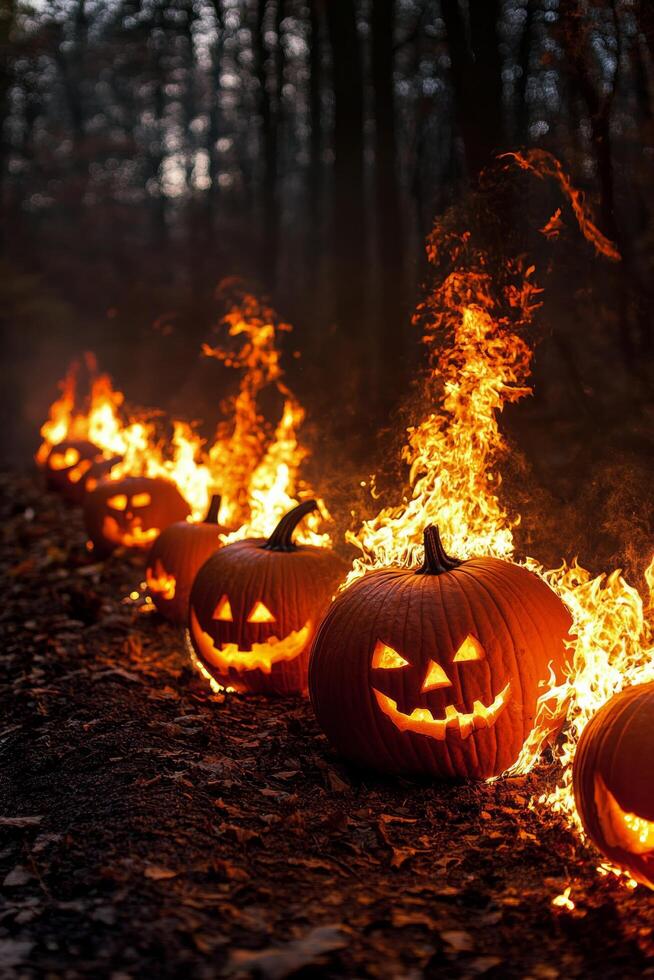 Glowing jack-o'-lanterns with flames illuminating a dark forest path during Halloween night photo