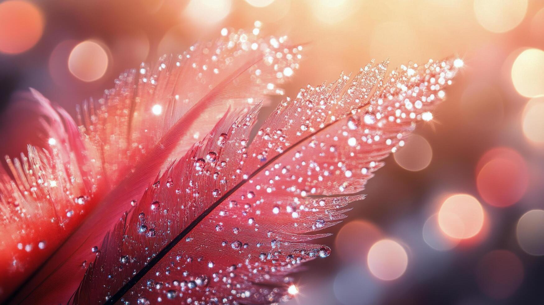Close-up of a pink feather with dew drops glistening in soft light at dawn photo