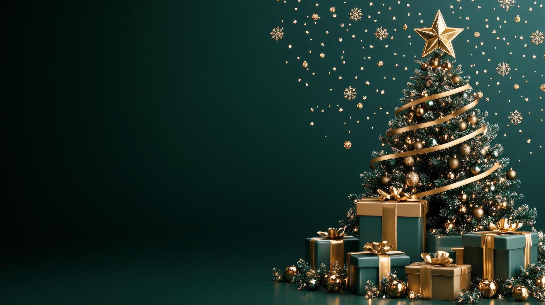 Elegant Christmas tree adorned with golden decorations and gifts under sparkling lights photo
