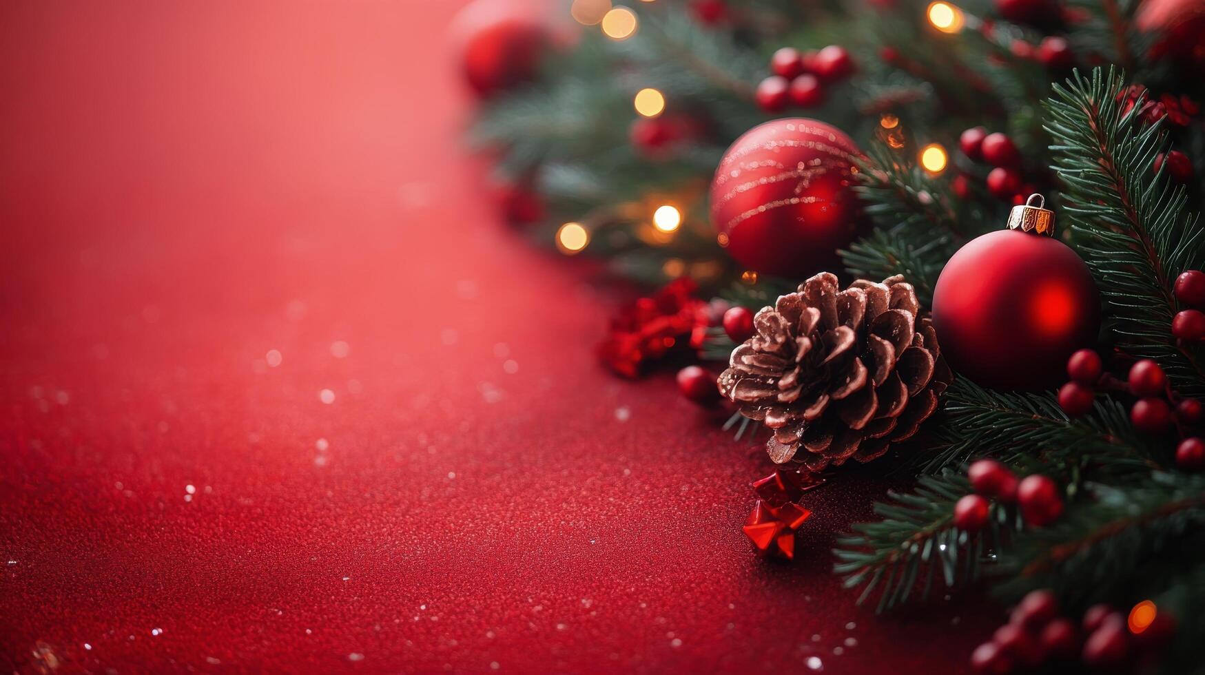 Sparkling red Christmas ornaments arranged in snow against a festive red background photo