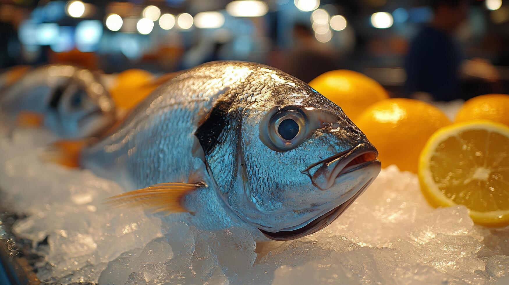 Freshly caught fish displayed on ice with lemon and herbs in a vibrant market setting photo