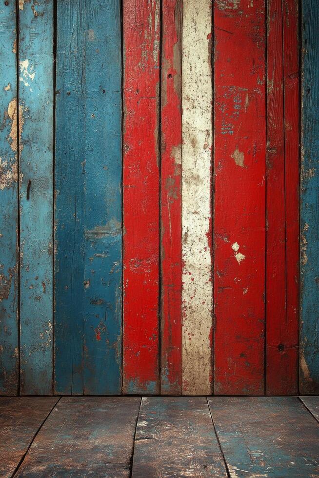 Rustic wooden floor with bold rays and a red circle on a weathered wall background photo