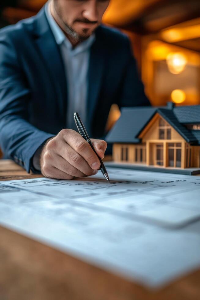Architectural model creation with detailed blueprints in a bright workspace during the day photo