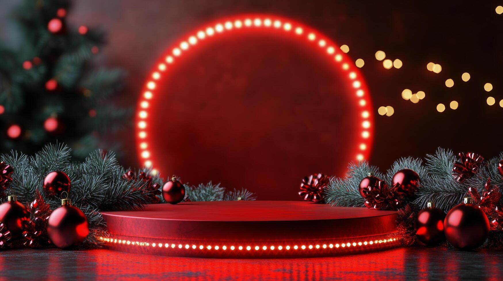 Vibrant red circular display with glowing lights against a festive background in a dim setting photo