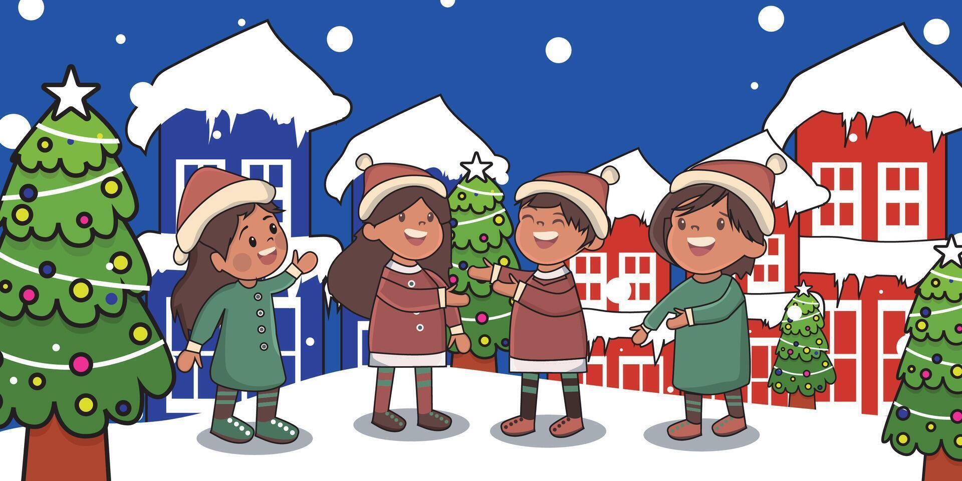 Flat illustration of children wearing Christmas sweaters, wearing red hats and shoes. greet each other and happily welcome winter and Christmas Day, December 25, New Year. vector
