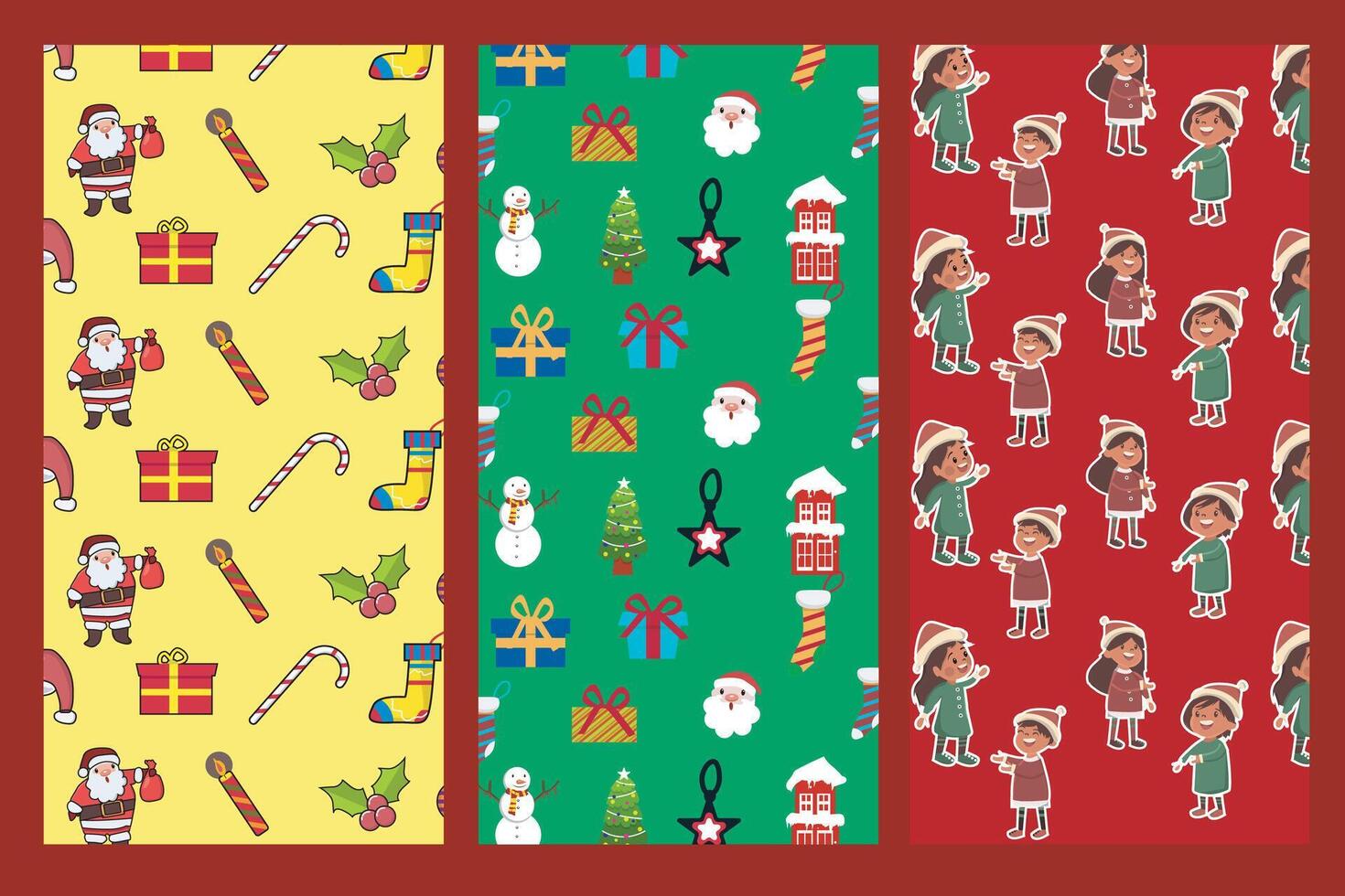 Christmas winter portrait pattern element poster collection. with stickers and flat illustrations of Christmas gifts, snowman, Santa Claus, socks, candy, umbrella, seamless patterns for greeting cards vector