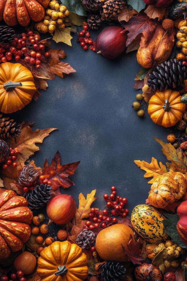 Colorful autumn harvest display with pumpkins, apples, and vibrant foliage on wooden surface photo