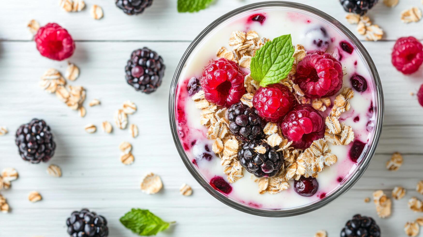 Smooth berry yogurt parfaits topped with oats and mint on a rustic wooden surface photo