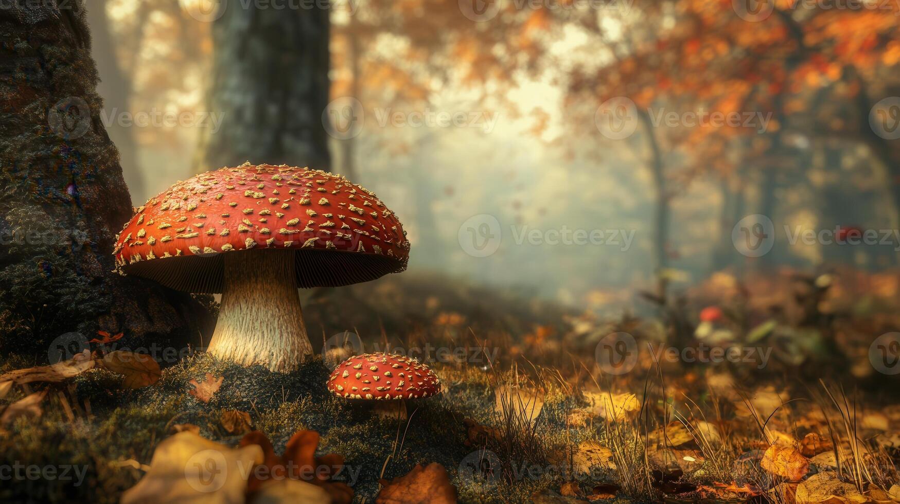 A red mushroom sits in the middle of a forest photo