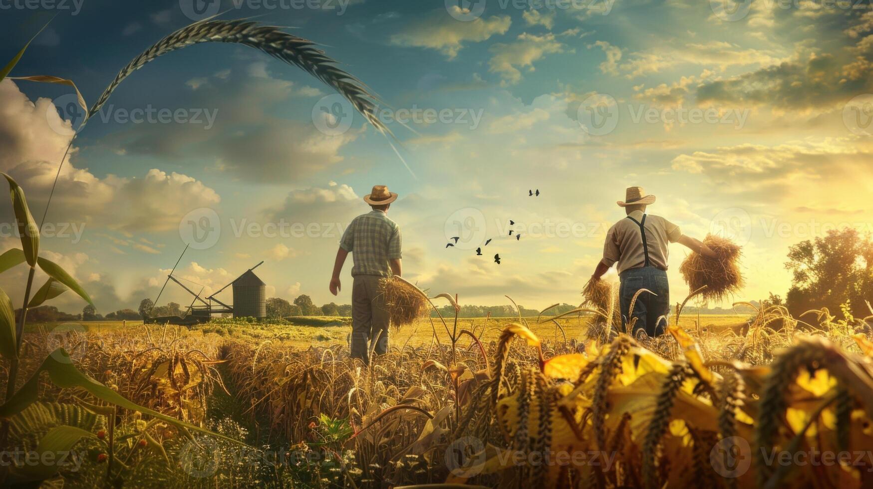Farm Workers Portrait on the wheat field background photo