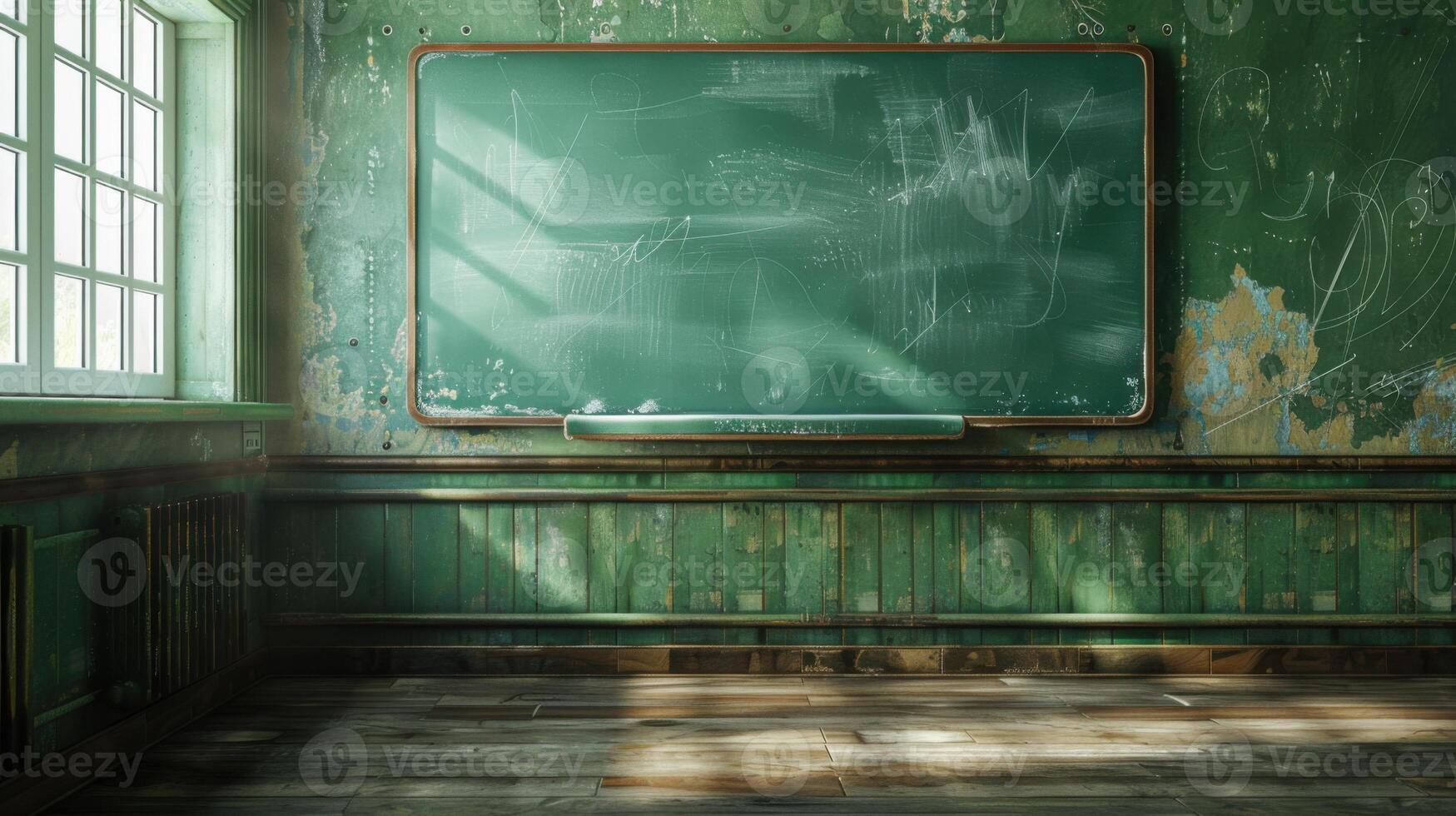Green chalkboard in an empty classroom photo