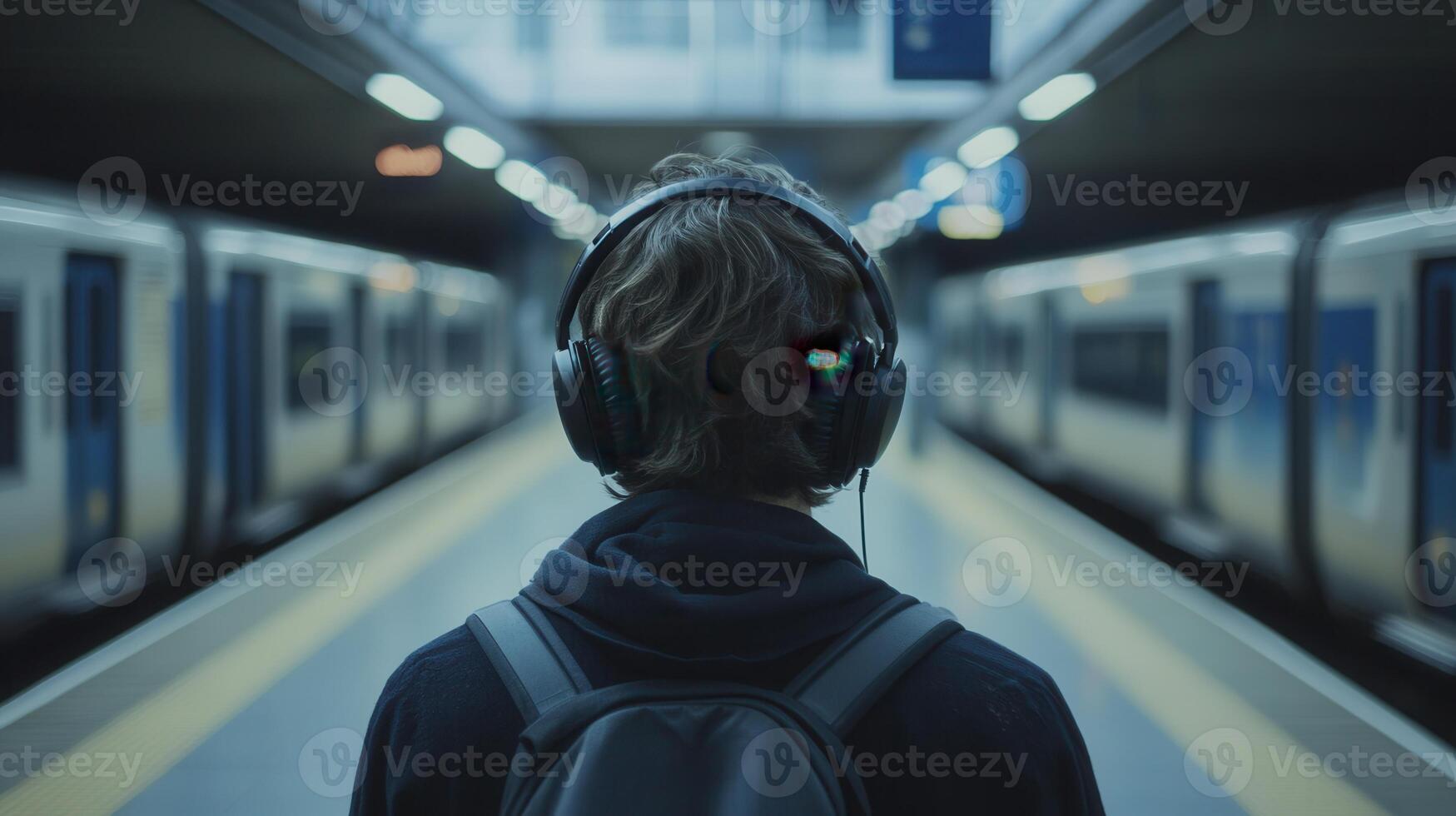 Person in headphones listening to language podcasts while commuting photo