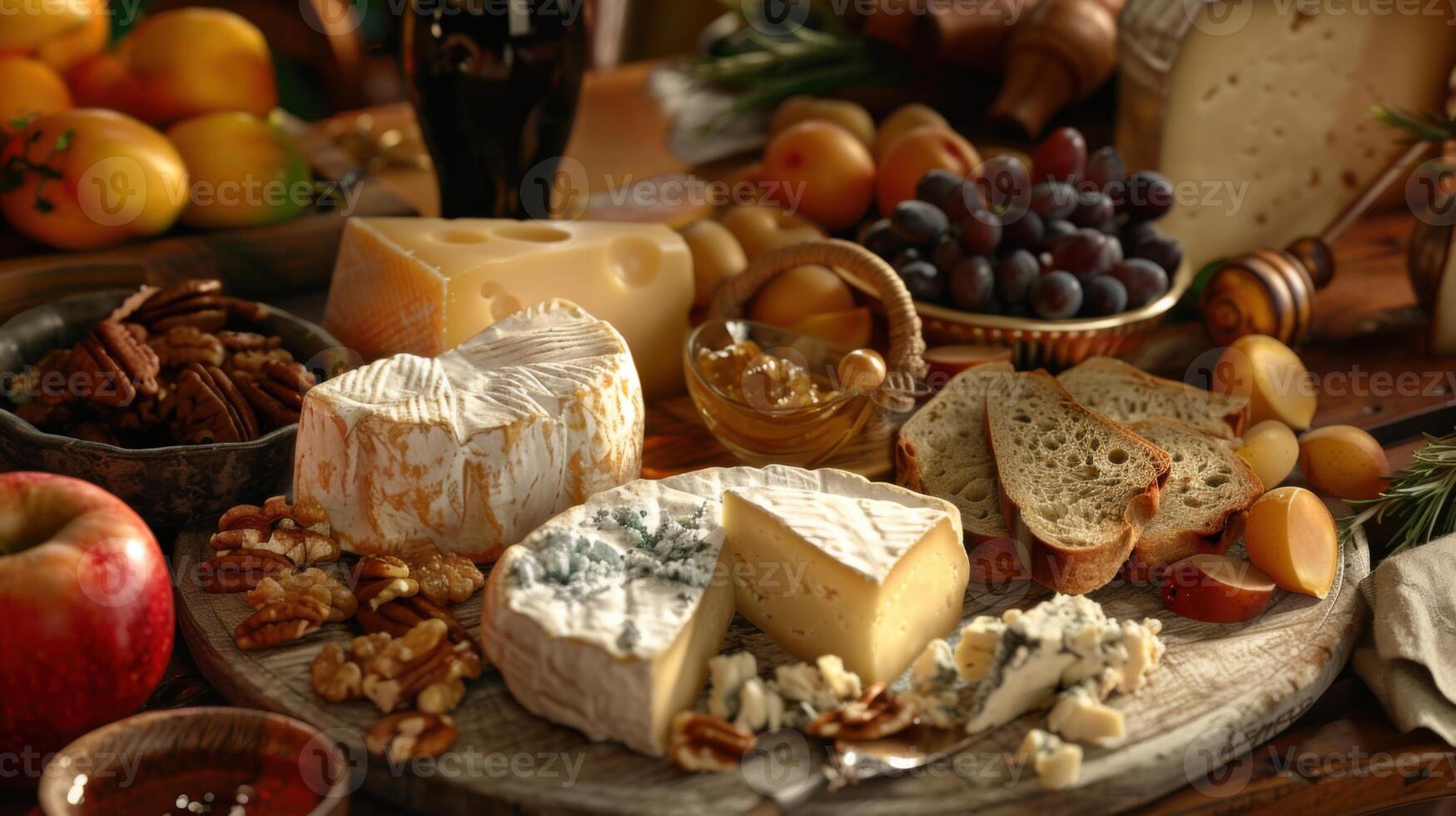 Elegant cheese board featuring a variety of artisan cheeses photo