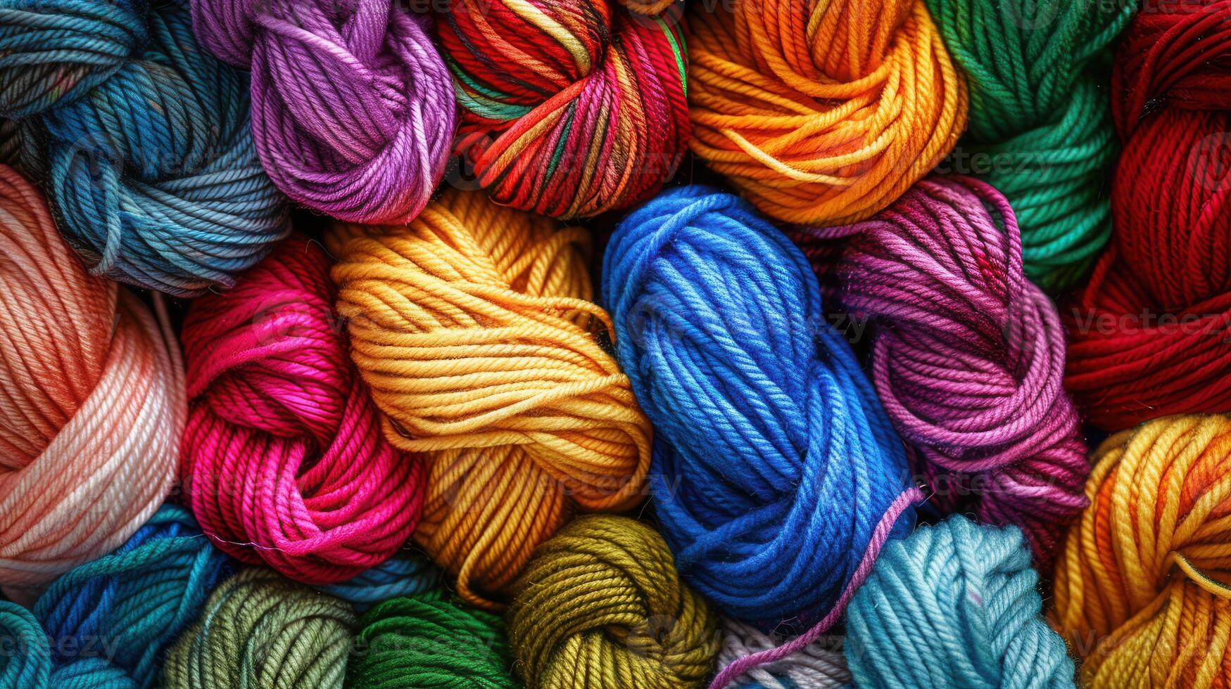 A vibrant assortment of colorful yarn balls is stacked neatly atop one another photo