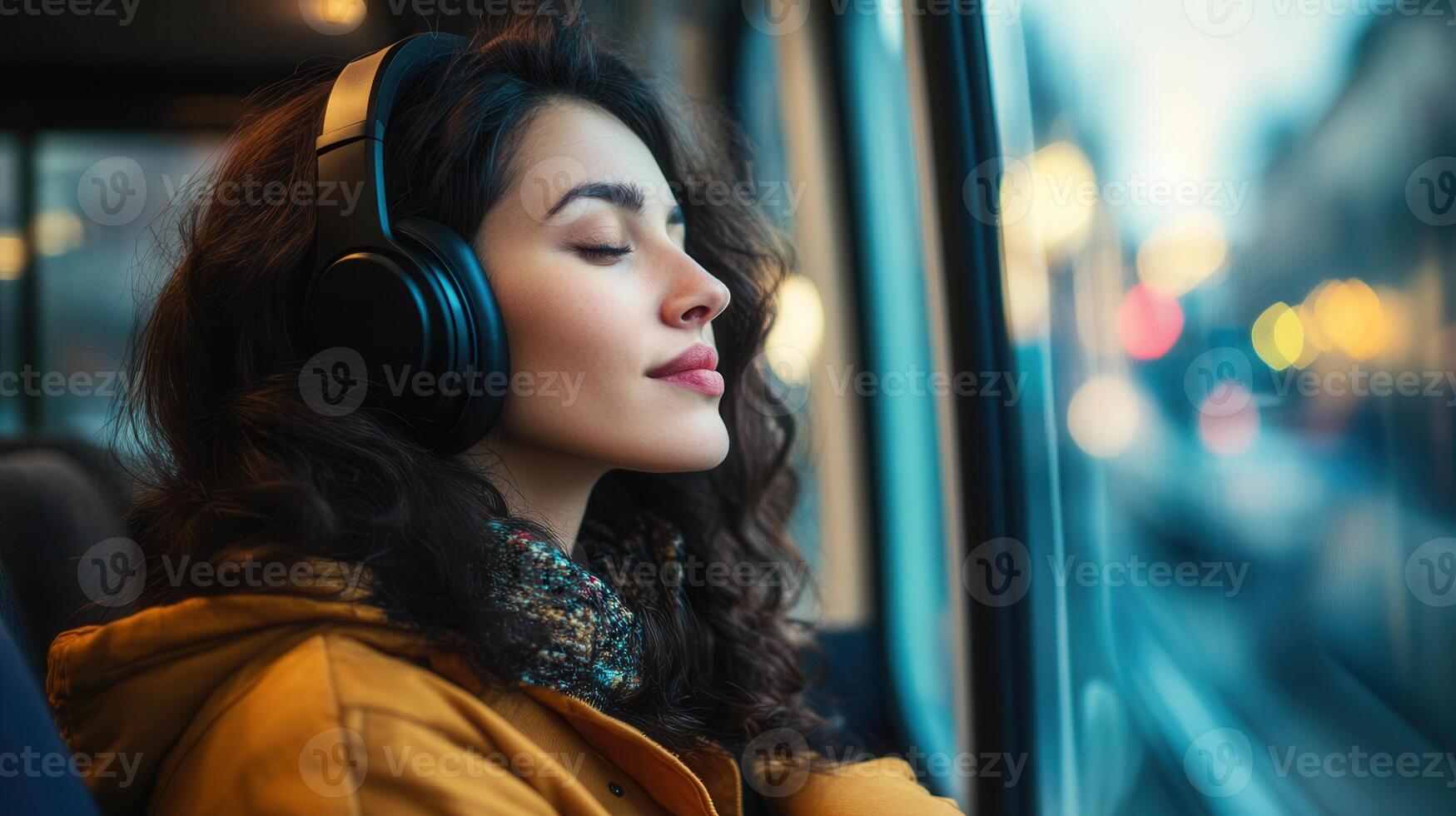 Person in headphones listening to language podcasts while commuting photo