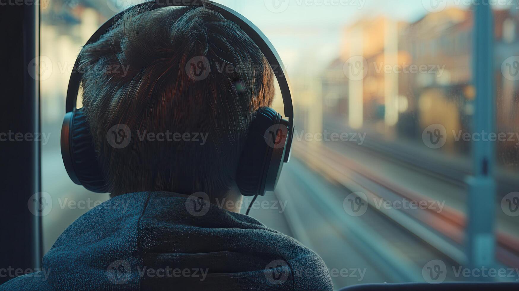 Person in headphones listening to language podcasts while commuting photo