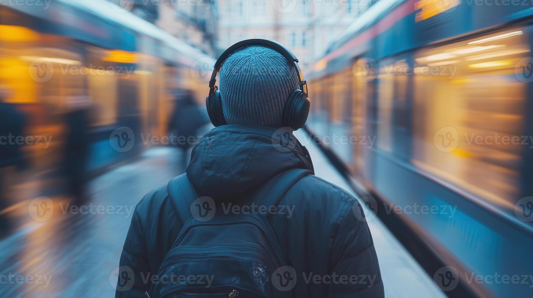 Person in headphones listening to language podcasts while commuting photo