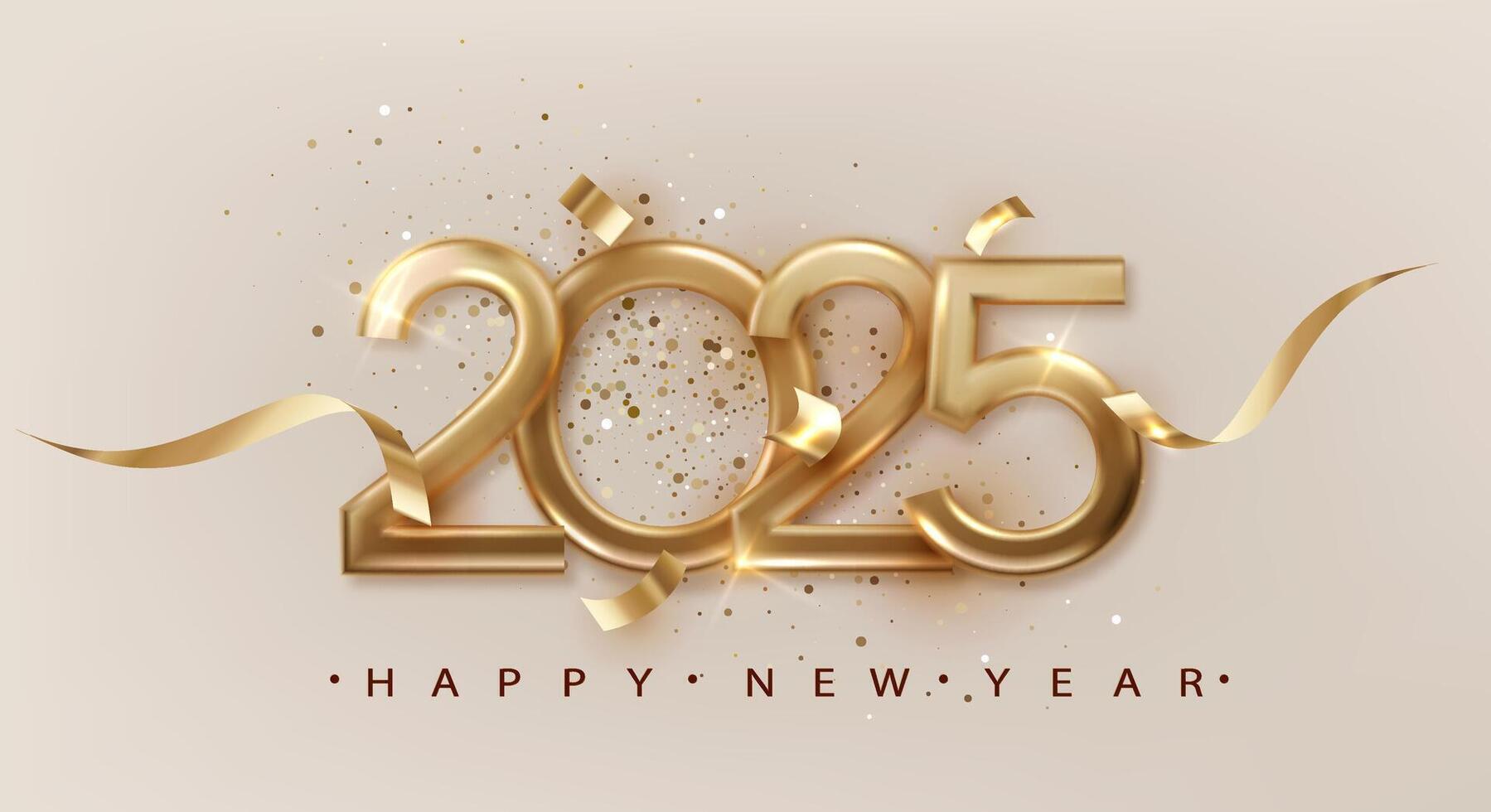 2025 New Year with golden golden ribbon. Festive Christmas banner with falling confetti on bright background. Realistic 2025 Golden 3d number vector
