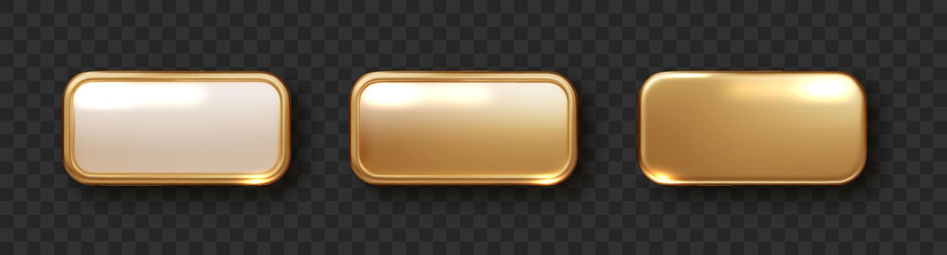 Golden plate button shape with frame. Realistic isolated design element, golden glossy label. Realistic 3D design. vector