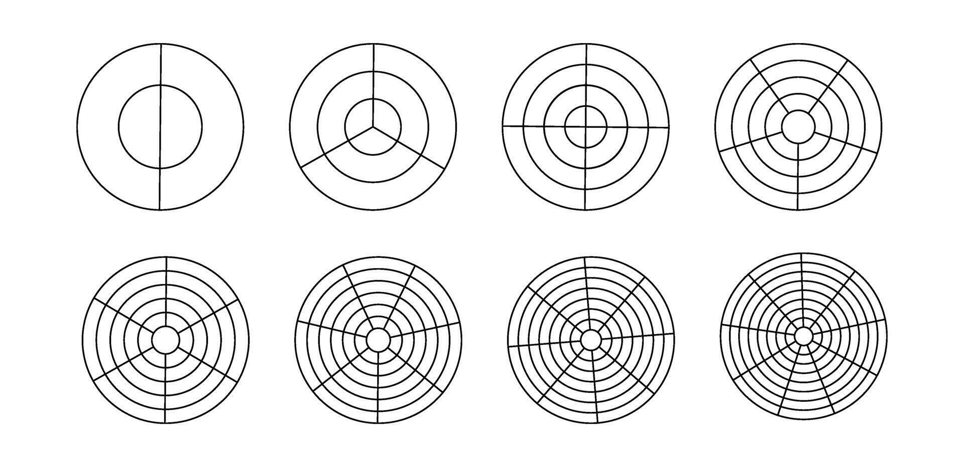 Polar grid divided template set. Radar circular graph screen. Grid with concentric circles diagram chart vector