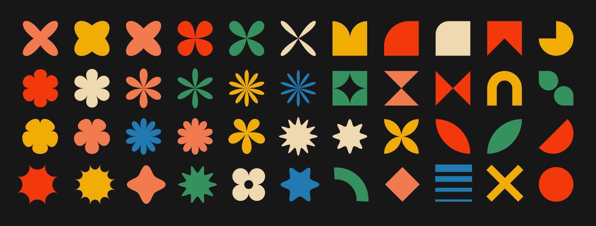 Abstract Geometric Shapes Set. Collection of Figures, Flowers, Hearts, and Sparkles Perfect for Print, Stickers, and Banners. Bauhaus, Memphis Design vector