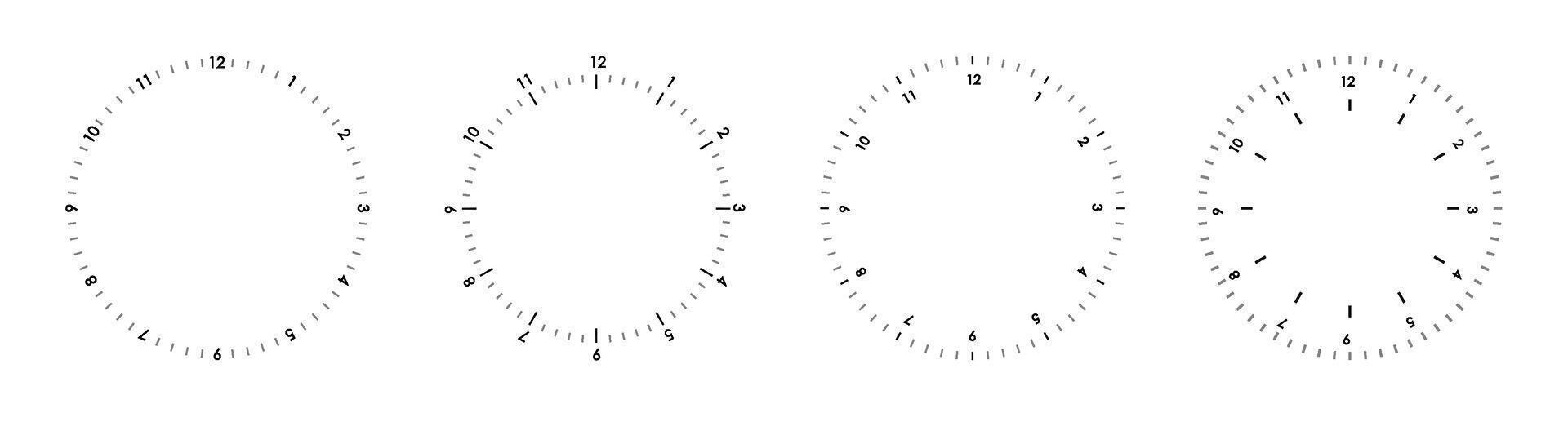 Round clock faces scale isolated on white background. Measuring circle scale in flat style. Clock face template. Blank watch round dial vector
