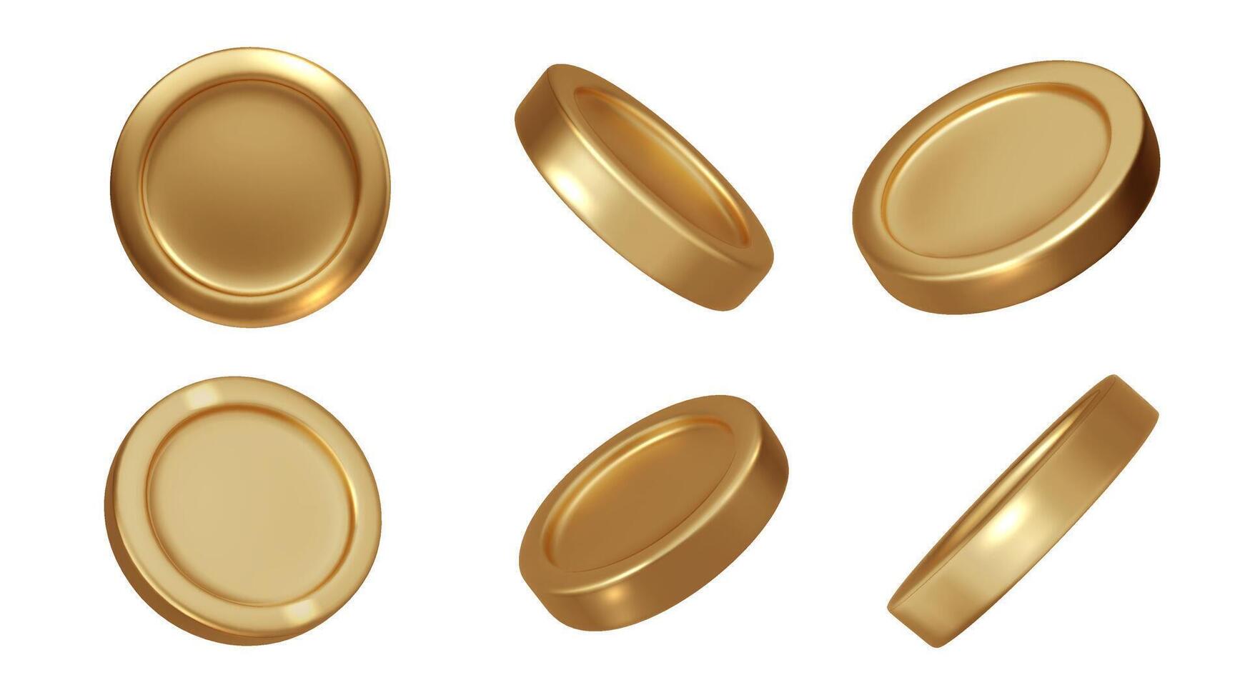 Gold coins 3d realistic in different angles isolated. Gold metal money. vector