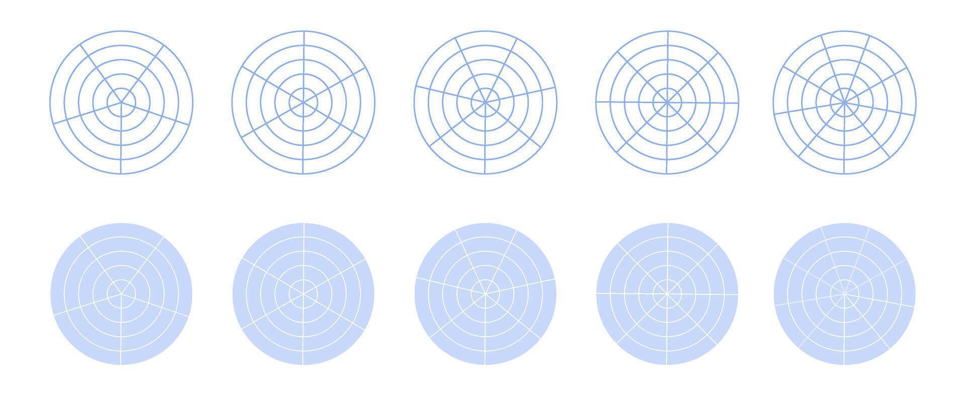 Concentric circles isolated template. Polar grid, radial dividers. Coordinate circular grid. vector