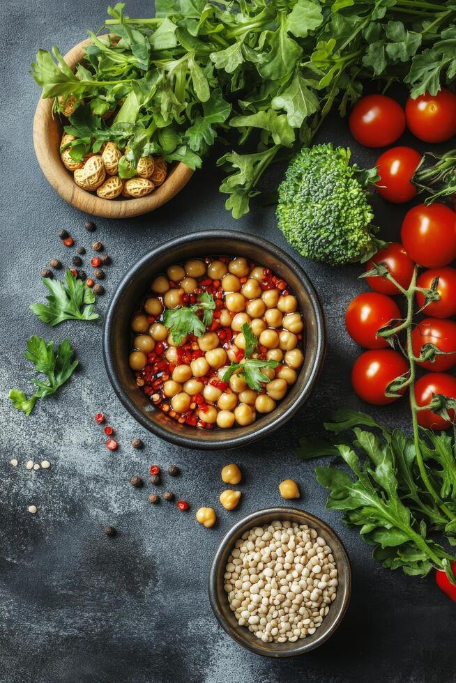 Fresh vegetables and nuts arranged around a blank notepad on a textured surface photo