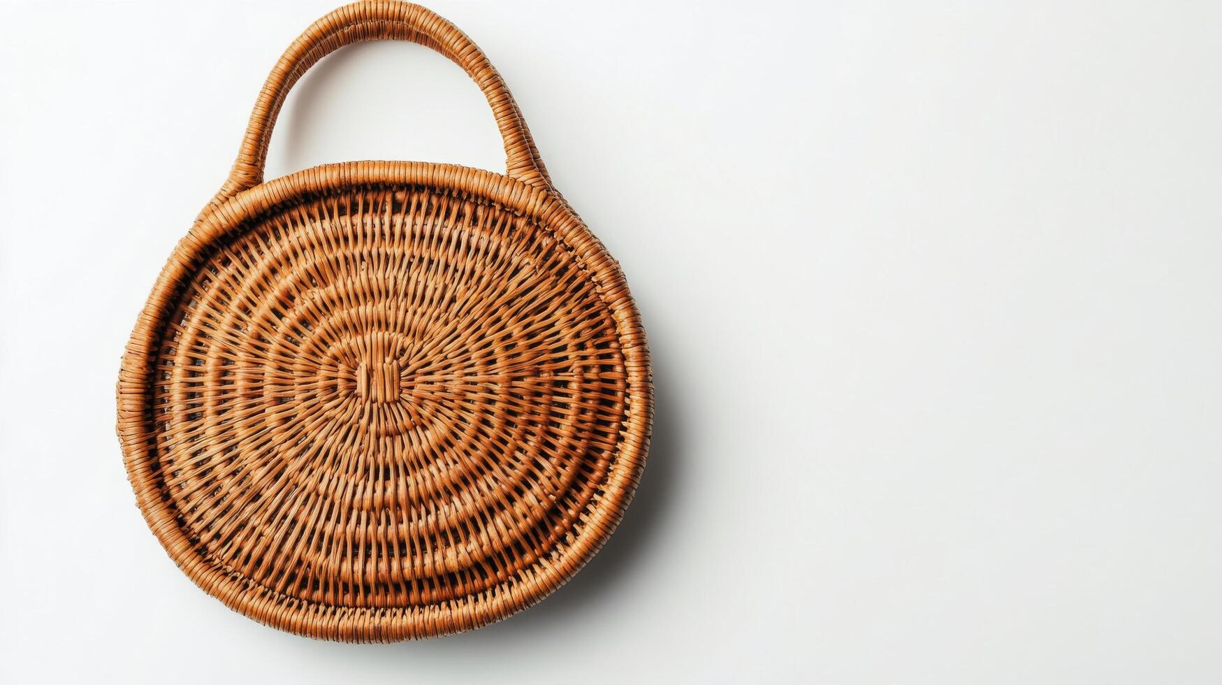 Woven round basket on a light background with green palm leaves beside it photo