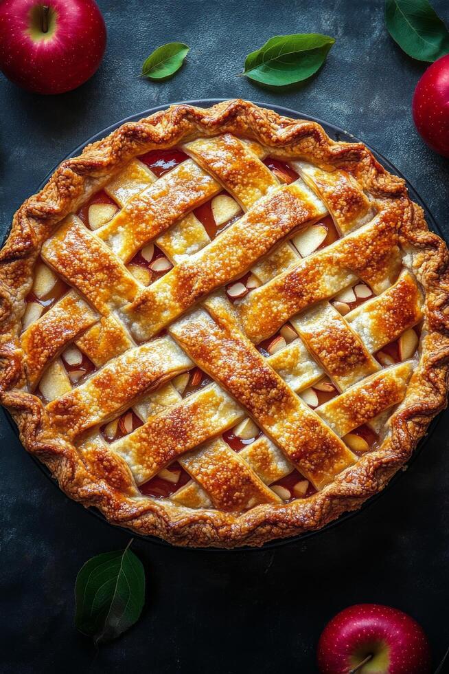 Homemade apple pie with a golden lattice crust on a dark surface surrounded by fresh apples photo