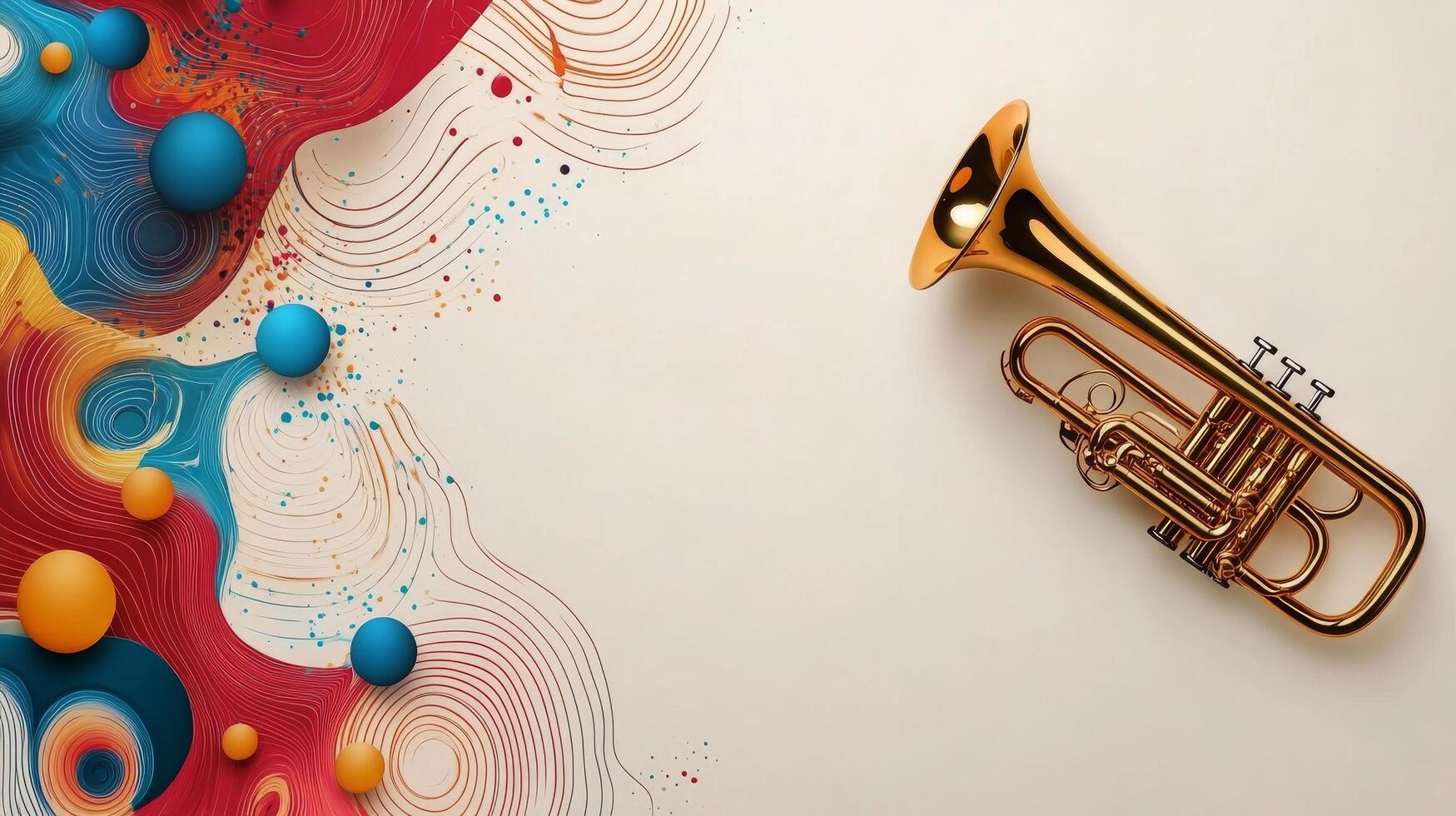 A golden trumpet rests on a colorful abstract background with swirls and bubbles photo
