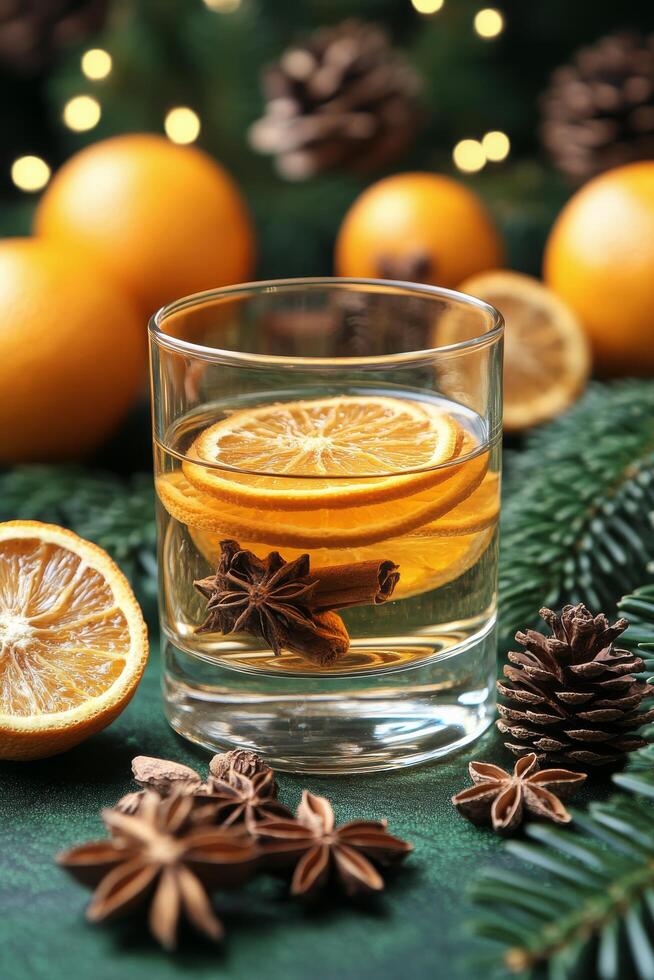 Refreshing beverage with dried oranges and spices on a green tabletop with festive decorations photo