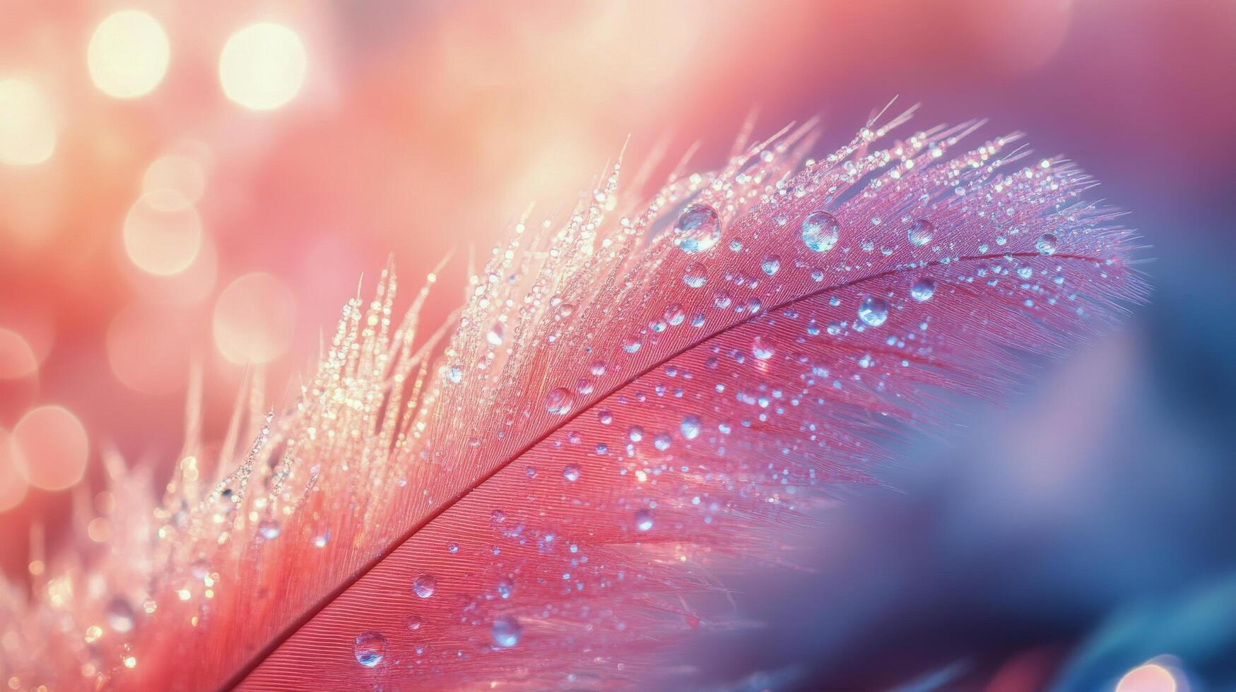 Close-up of a pink feather with dew drops glistening in soft light at dawn photo