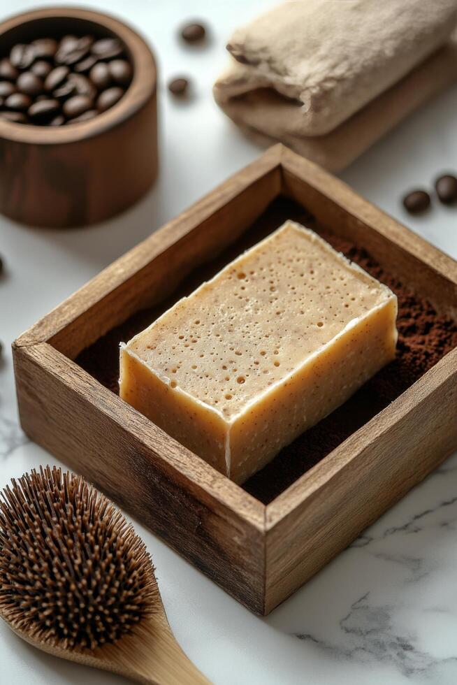 Handmade soap and natural ingredients in wooden box on marble surface photo