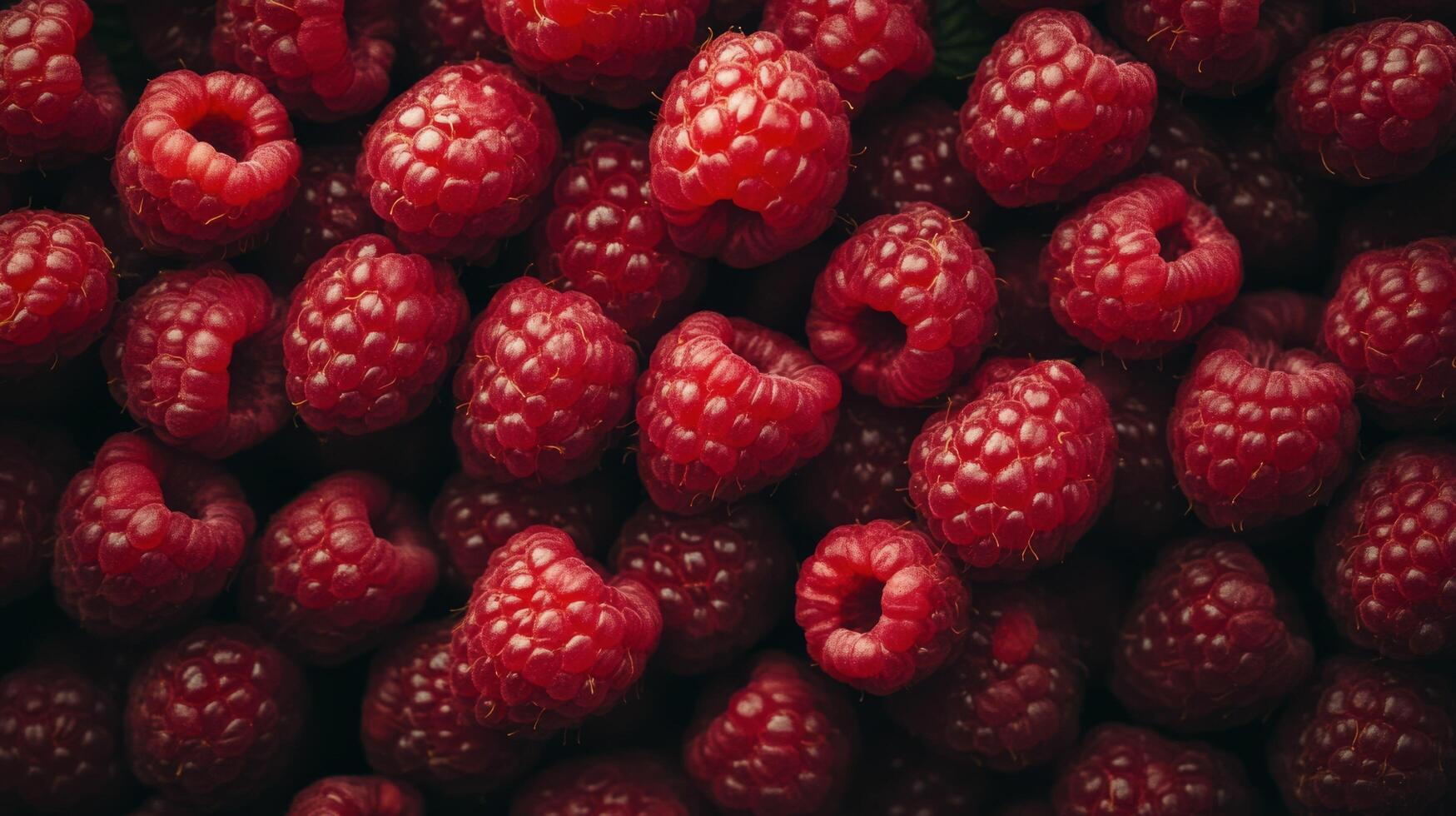 Fresh raspberries arranged closely on a dark surface in natural light photo