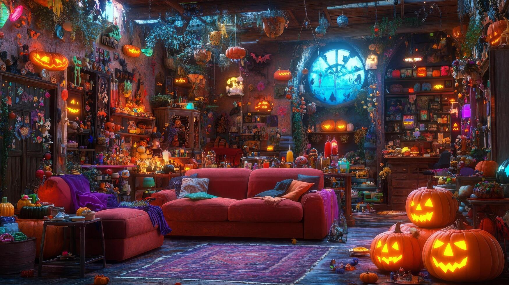 Colorful Halloween decor in a cozy living room filled with pumpkins and festive lights photo