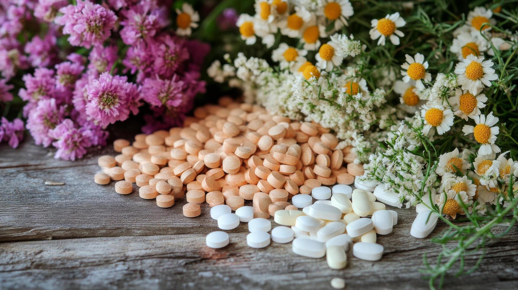 Assorted dietary supplements and herbs laid out on a rustic wooden surface photo