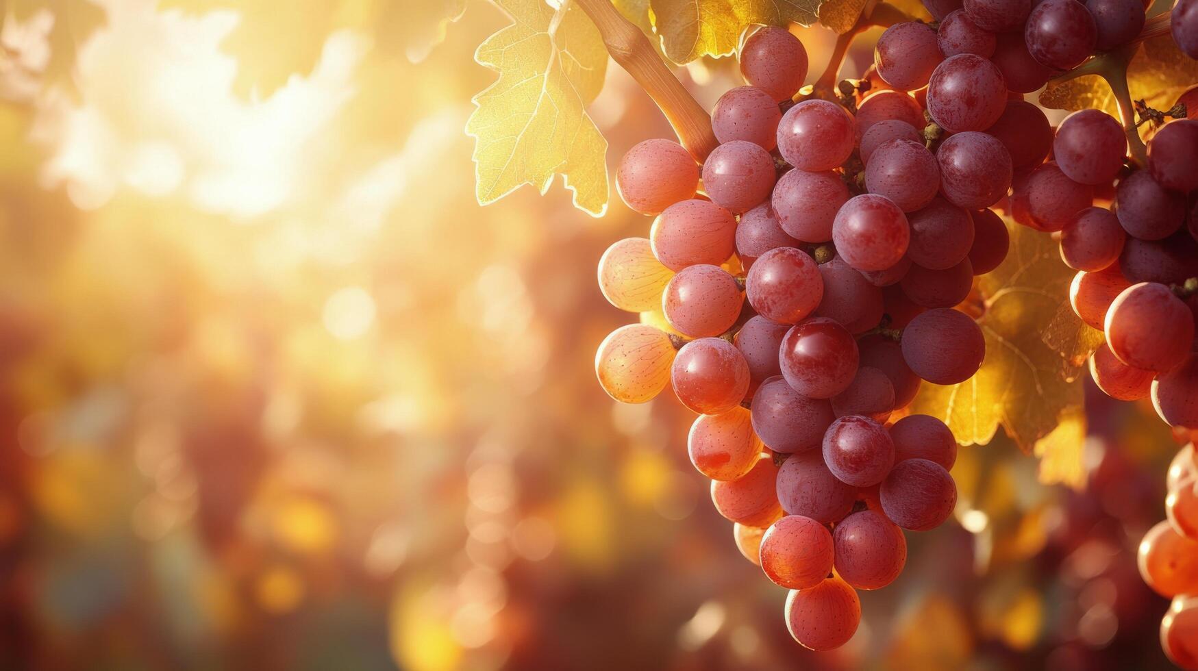 Freshly ripened grapes hanging on vines in a sunlit vineyard during harvest season photo