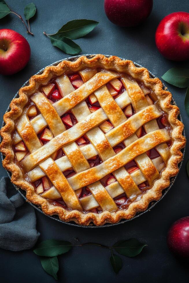 Delicious apple pie with a lattice crust surrounded by fresh apples and leaves photo