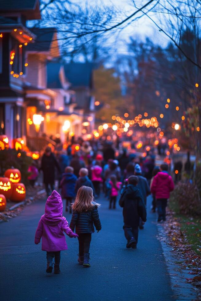 A festive autumn evening stroll through a lit-up neighborhood with families and pumpkins photo